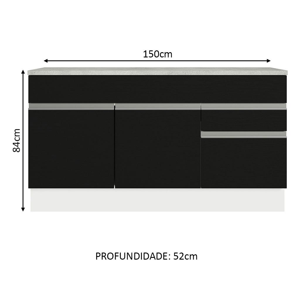 Balcão Gabinete de Pia Armário de Cozinha 150 cm 2 Gavetas 2 Portas (Com Tampo) Branco/Preto Glamy Madesa