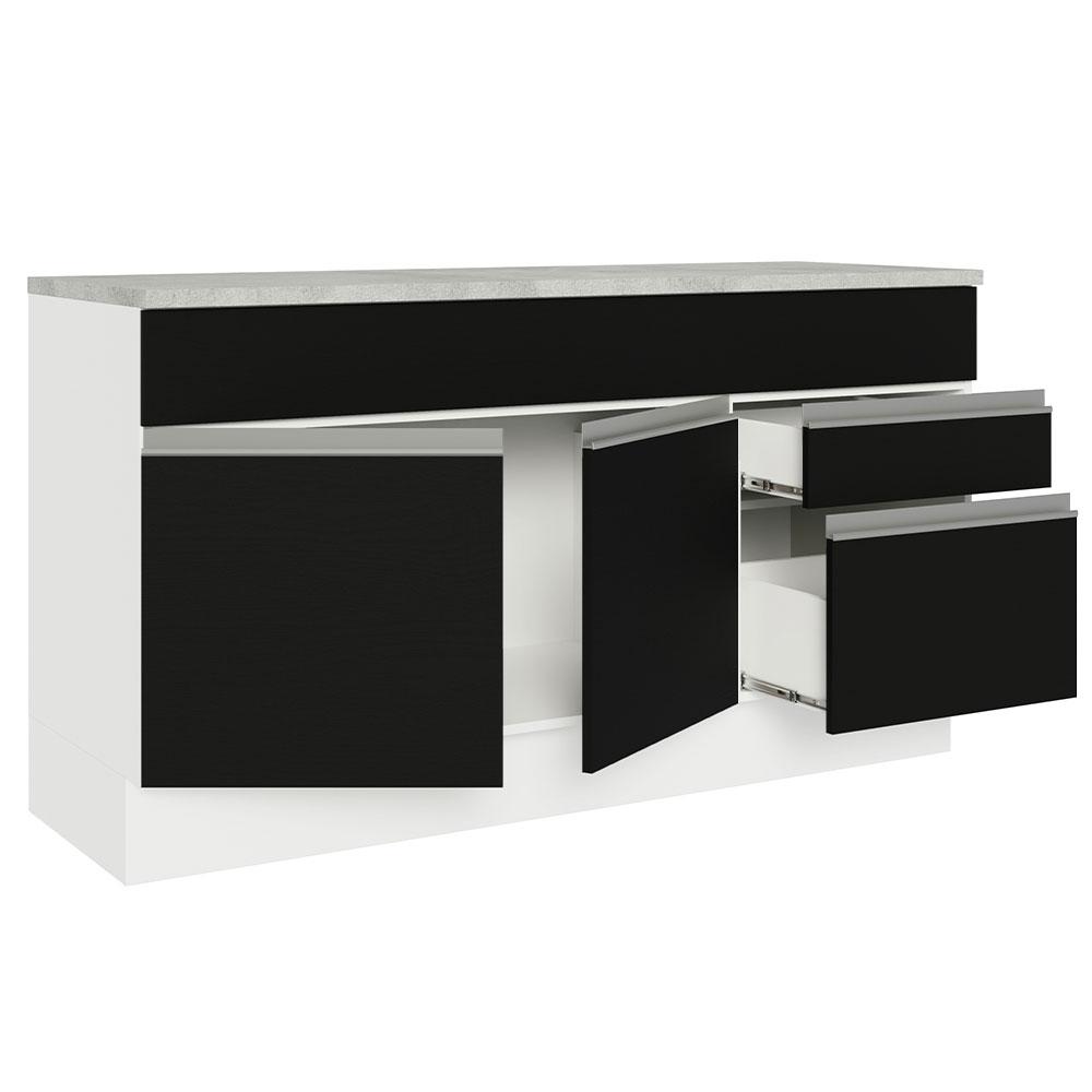 Balcão Gabinete de Pia Armário de Cozinha 150 cm 2 Gavetas 2 Portas (Com Tampo) Branco/Preto Glamy Madesa