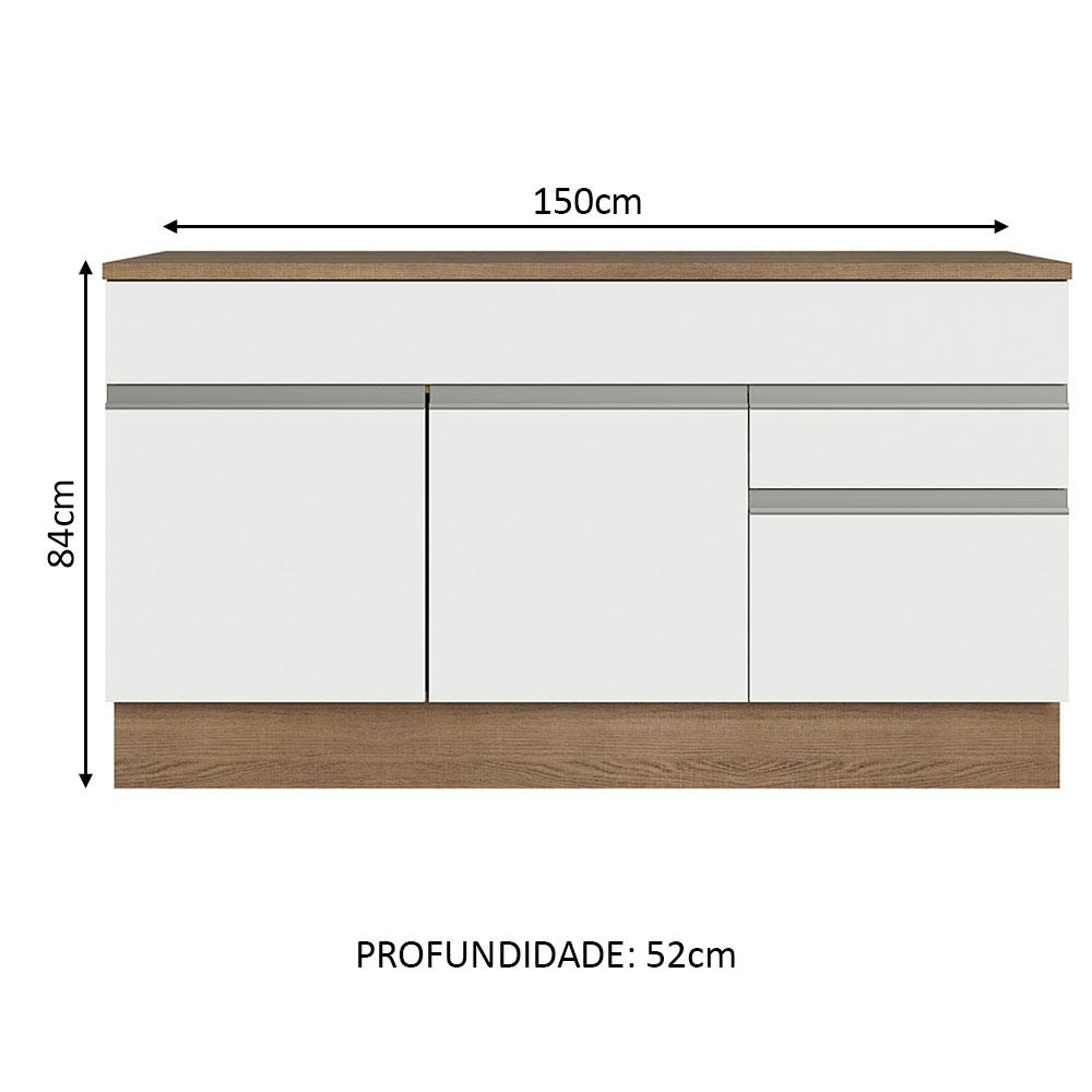 Balcão Gabinete de Pia Armário de Cozinha 150 cm 2 Gavetas 2 Portas (Com Tampo) Rustic/Branco Glamy Madesa