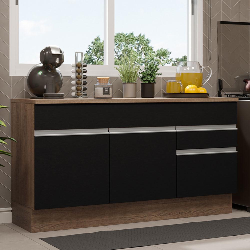Balcão Gabinete de Pia Armário de Cozinha 150 cm 2 Gavetas 2 Portas (Com Tampo) Rustic/Preto Glamy Madesa