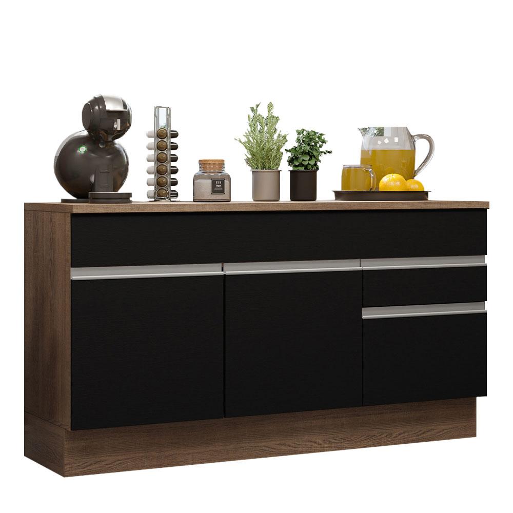 Balcão Gabinete de Pia Armário de Cozinha 150 cm 2 Gavetas 2 Portas (Com Tampo) Rustic/Preto Glamy Madesa