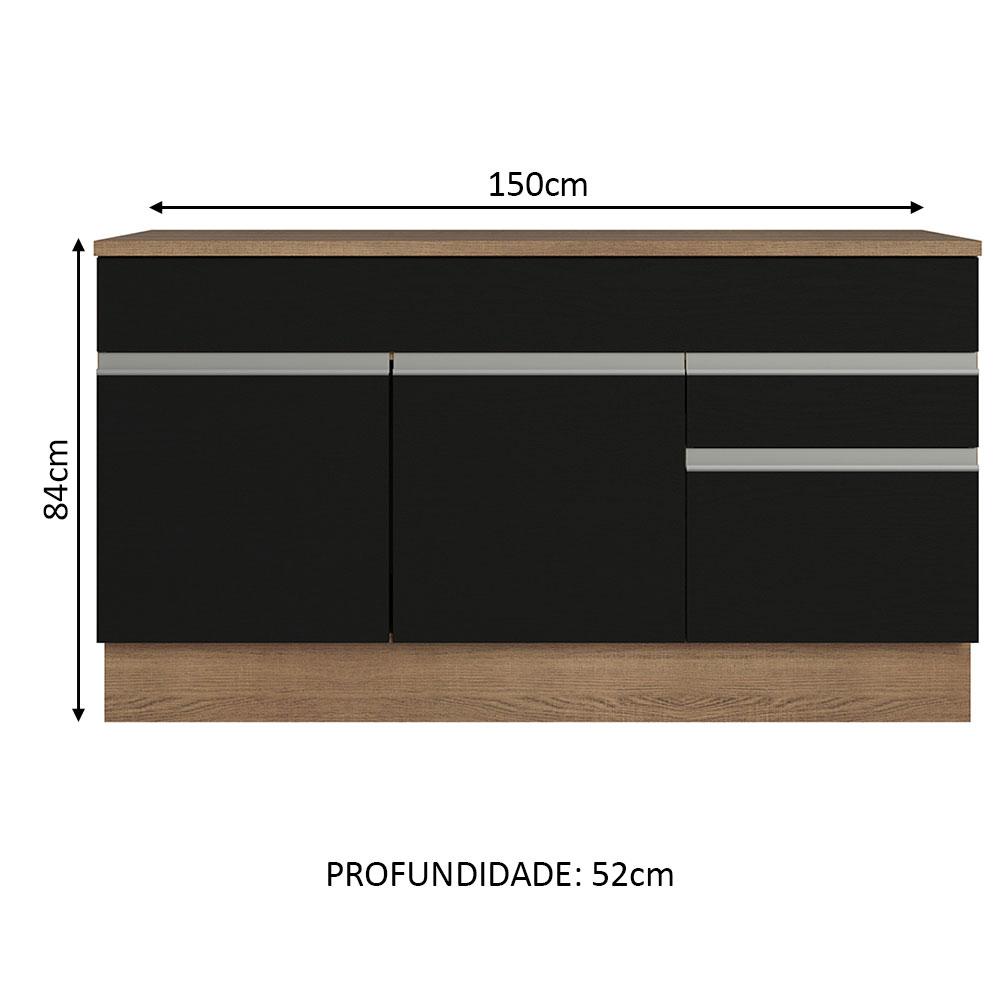 Balcão Gabinete de Pia Armário de Cozinha 150 cm 2 Gavetas 2 Portas (Com Tampo) Rustic/Preto Glamy Madesa
