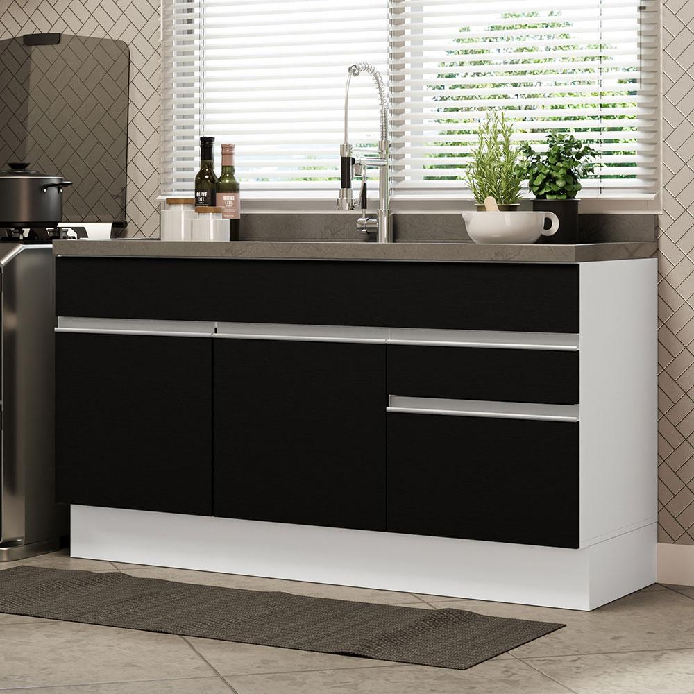 Balcão Gabinete de Pia Armário de Cozinha 150 cm 2 Gavetas 2 Portas (Sem Tampo e Pia) Branco/Preto Glamy Madesa