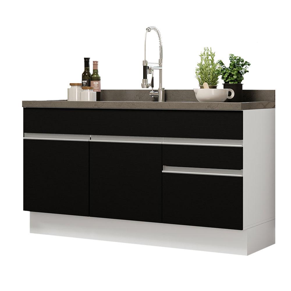 Balcão Gabinete de Pia Armário de Cozinha 150 cm 2 Gavetas 2 Portas (Sem Tampo e Pia) Branco/Preto Glamy Madesa
