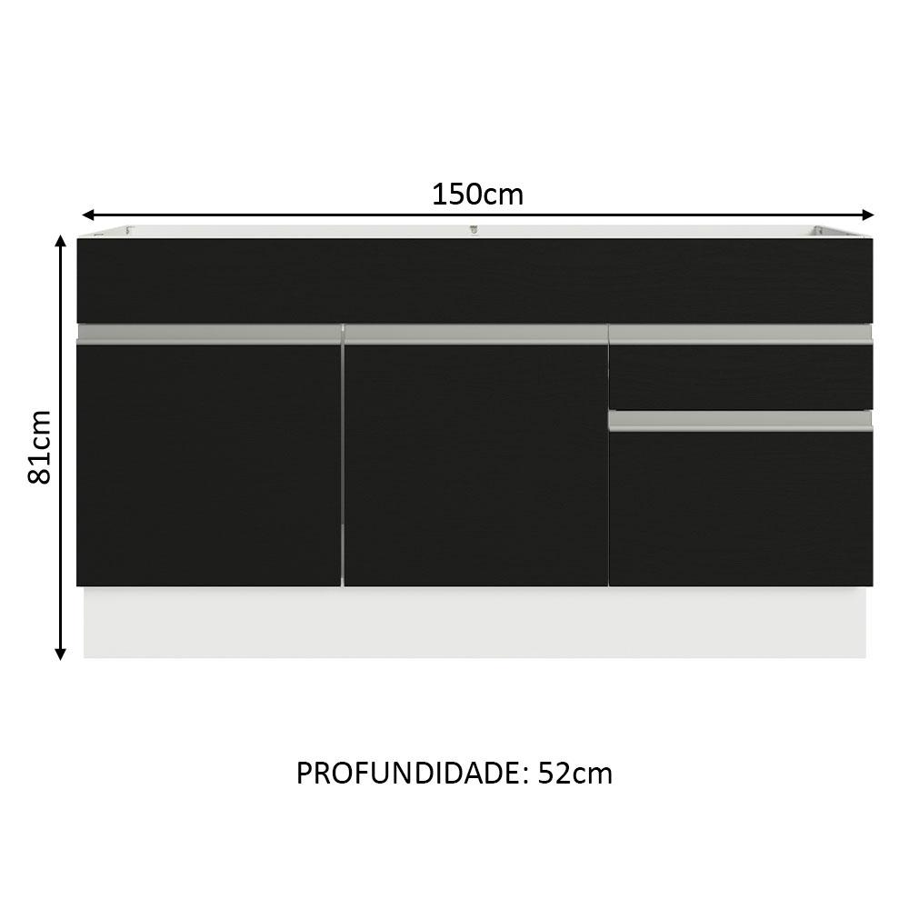 Balcão Gabinete de Pia Armário de Cozinha 150 cm 2 Gavetas 2 Portas (Sem Tampo e Pia) Branco/Preto Glamy Madesa