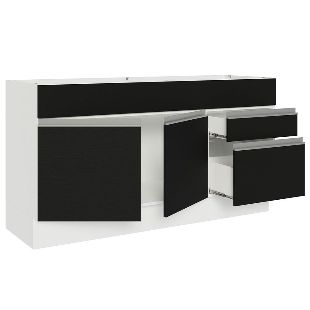 Balcão Gabinete de Pia Armário de Cozinha 150 cm 2 Gavetas 2 Portas (Sem Tampo e Pia) Branco/Preto Glamy Madesa