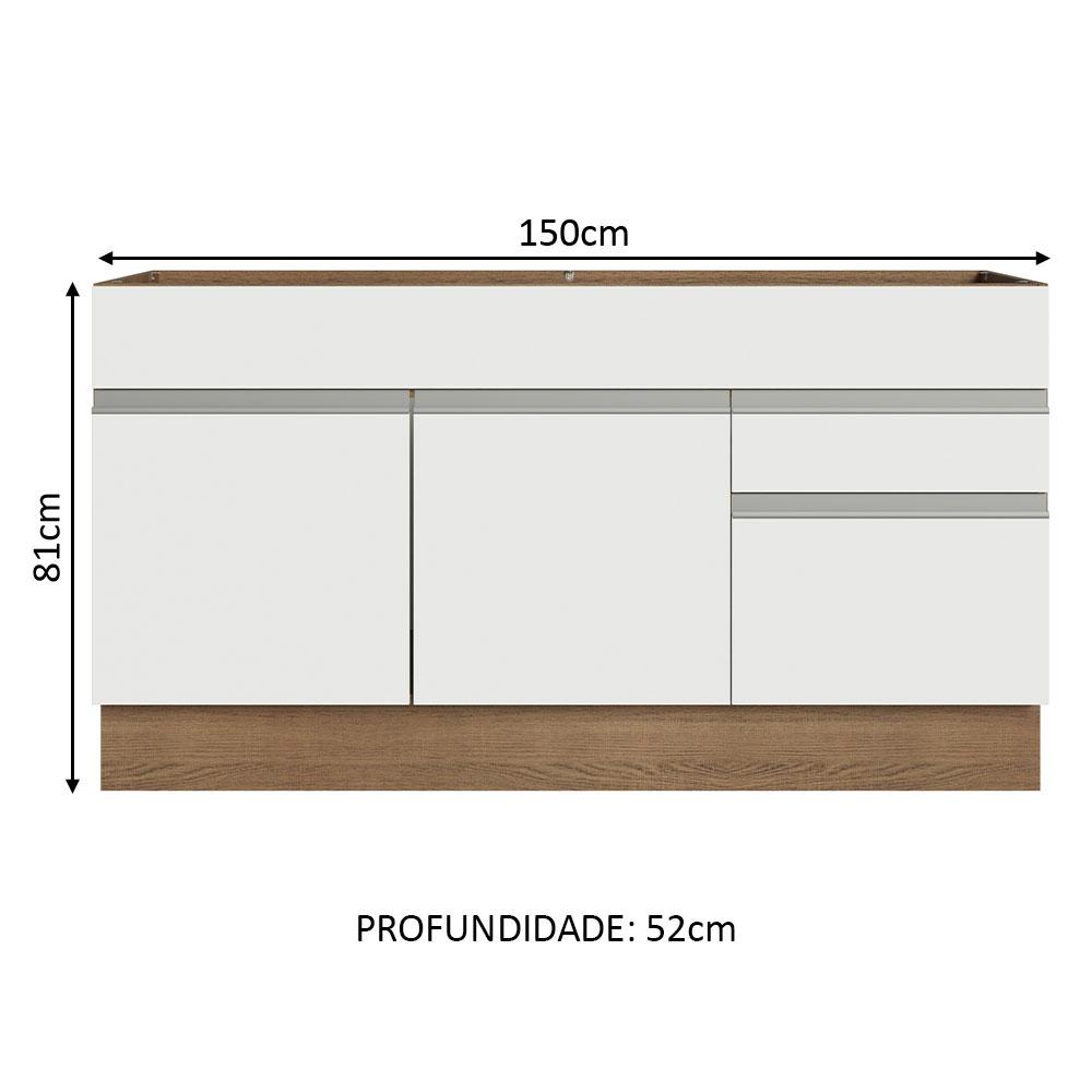 Balcão Gabinete de Pia Armário de Cozinha 150 cm 2 Gavetas 2 Portas (Sem Tampo e Pia) Rustic/Branco Glamy Madesa