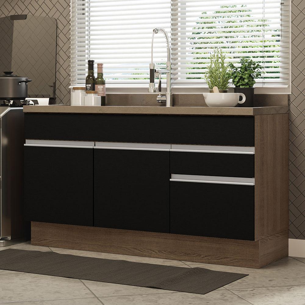 Balcão Gabinete de Pia Armário de Cozinha 150 cm 2 Gavetas 2 Portas (Sem Tampo e Pia) Rustic/Preto Glamy Madesa