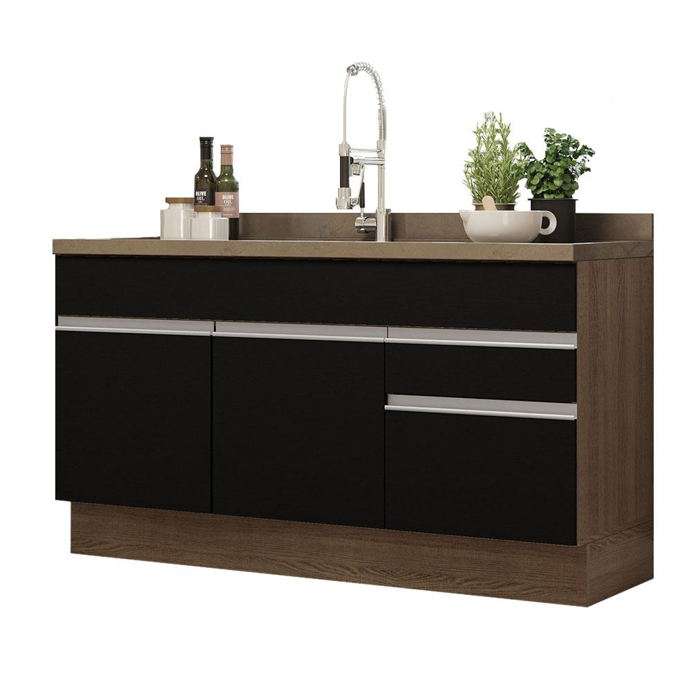 Balcão Gabinete de Pia Armário de Cozinha 150 cm 2 Gavetas 2 Portas (Sem Tampo e Pia) Rustic/Preto Glamy Madesa