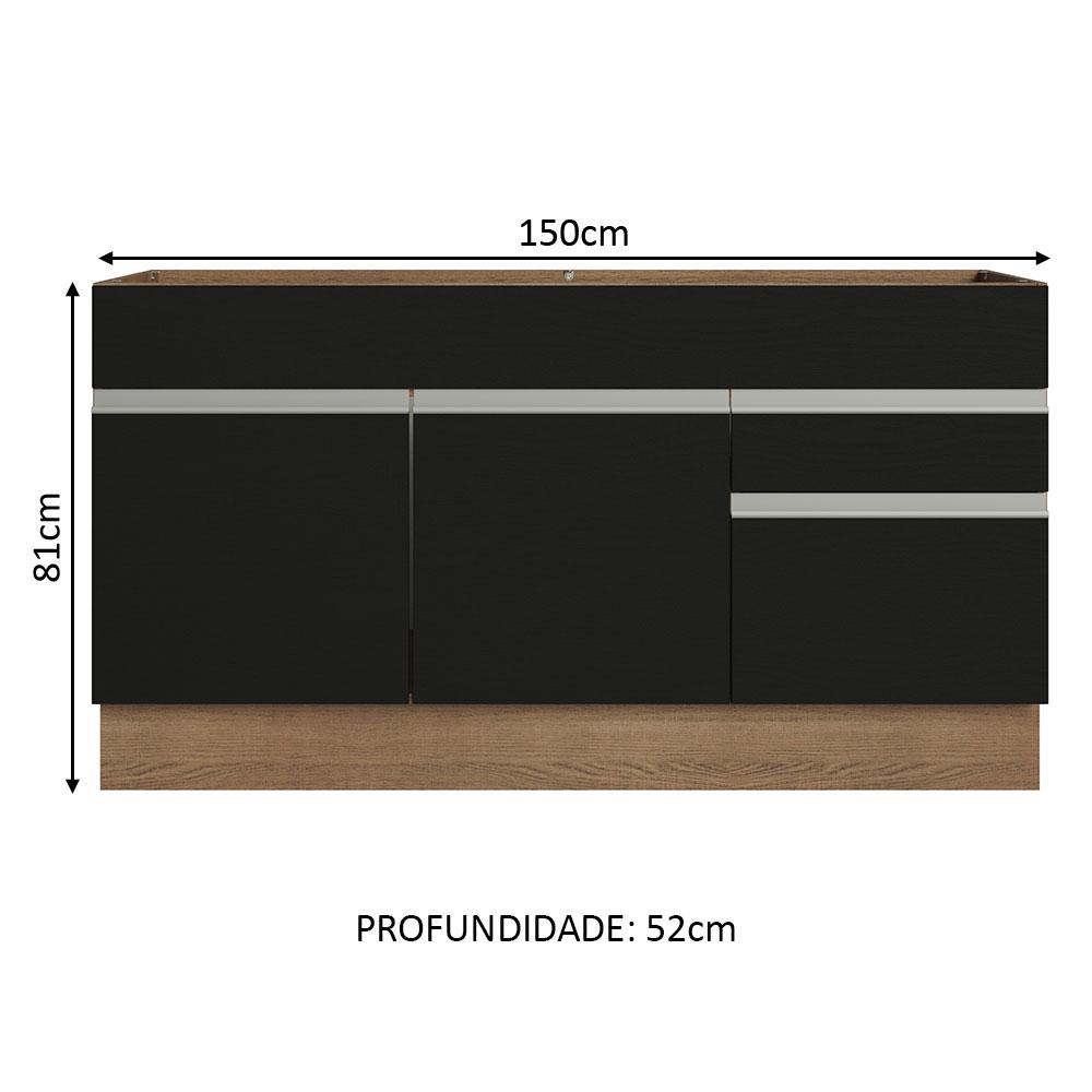Balcão Gabinete de Pia Armário de Cozinha 150 cm 2 Gavetas 2 Portas (Sem Tampo e Pia) Rustic/Preto Glamy Madesa