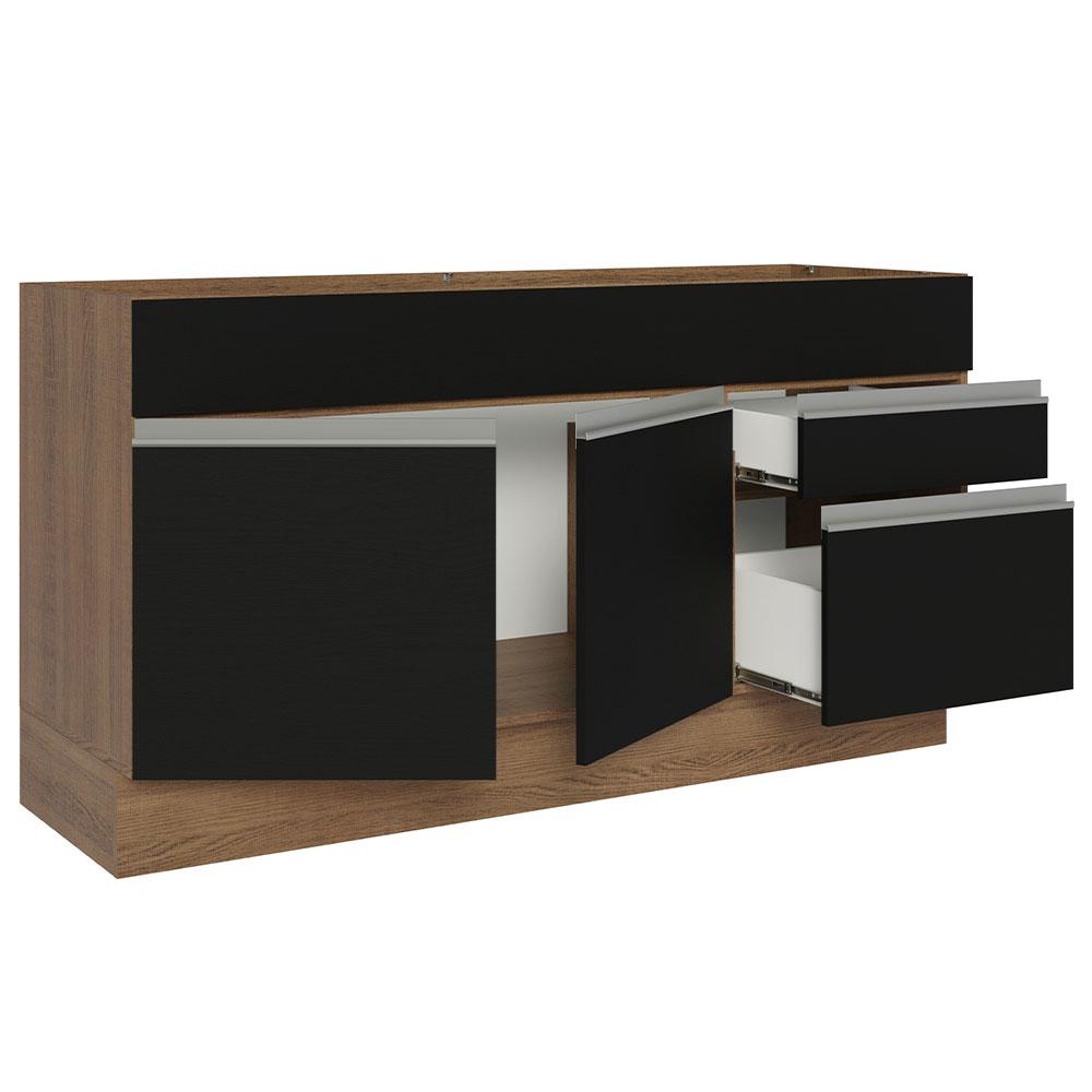 Balcão Gabinete de Pia Armário de Cozinha 150 cm 2 Gavetas 2 Portas (Sem Tampo e Pia) Rustic/Preto Glamy Madesa