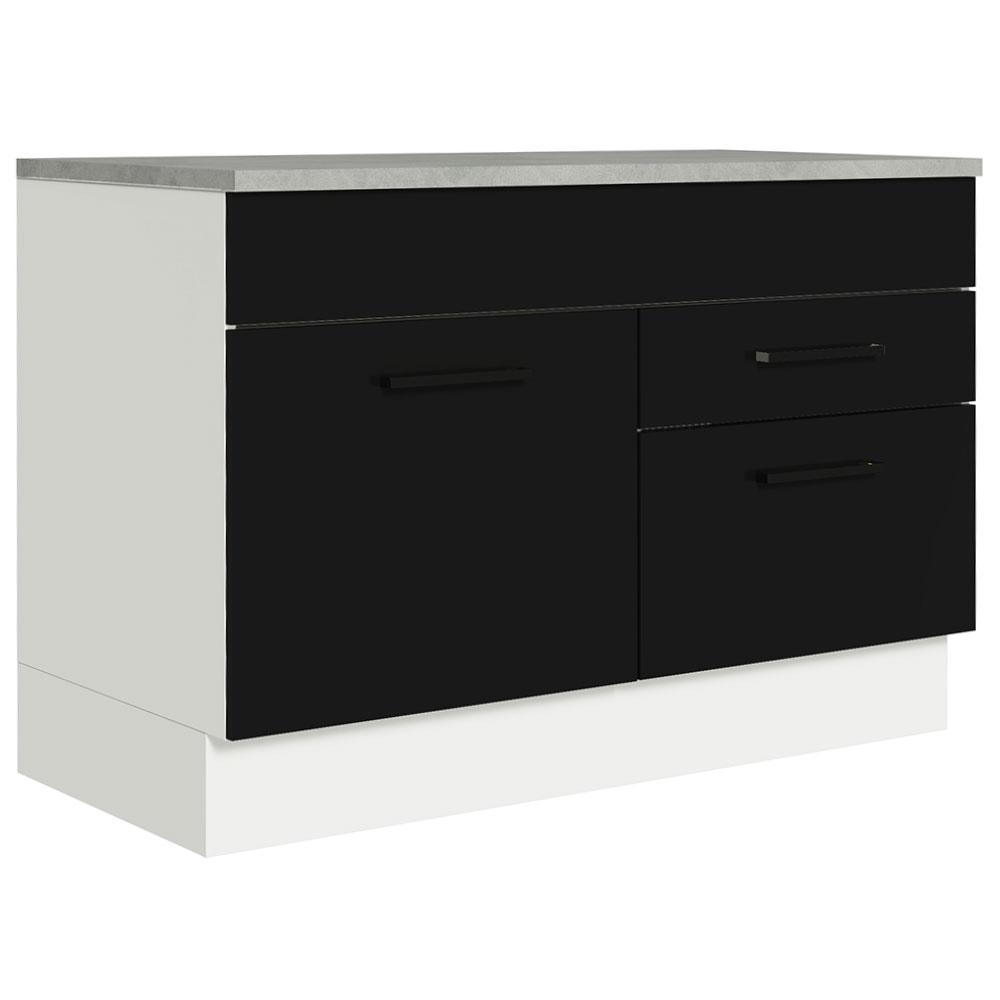 Balcão Gabinete de Pia Cozinha 120 x 60 cm 1 Porta 2 Gavetas Branco/Preto (Com Tampo) Agata Madesa