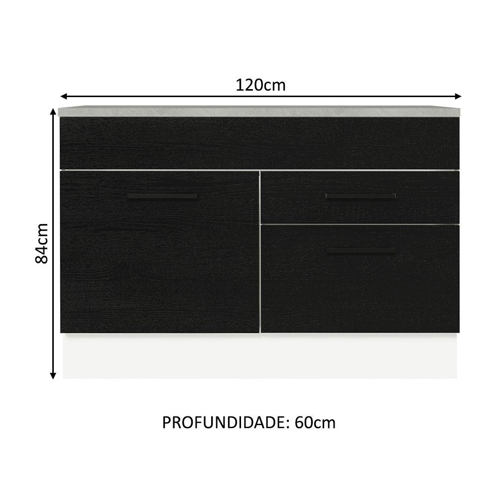 Balcão Gabinete de Pia Cozinha 120 x 60 cm 1 Porta 2 Gavetas Branco/Preto (Com Tampo) Agata Madesa