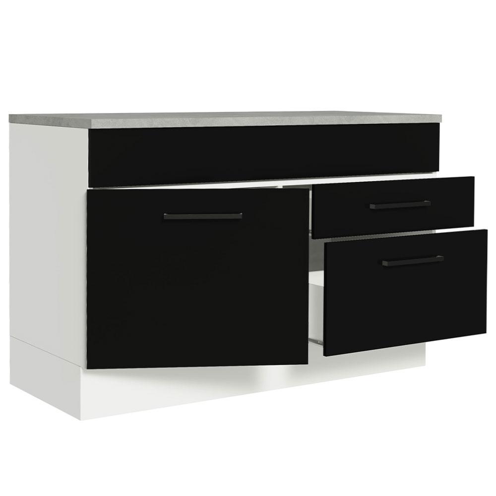 Balcão Gabinete de Pia Cozinha 120 x 60 cm 1 Porta 2 Gavetas Branco/Preto (Com Tampo) Agata Madesa
