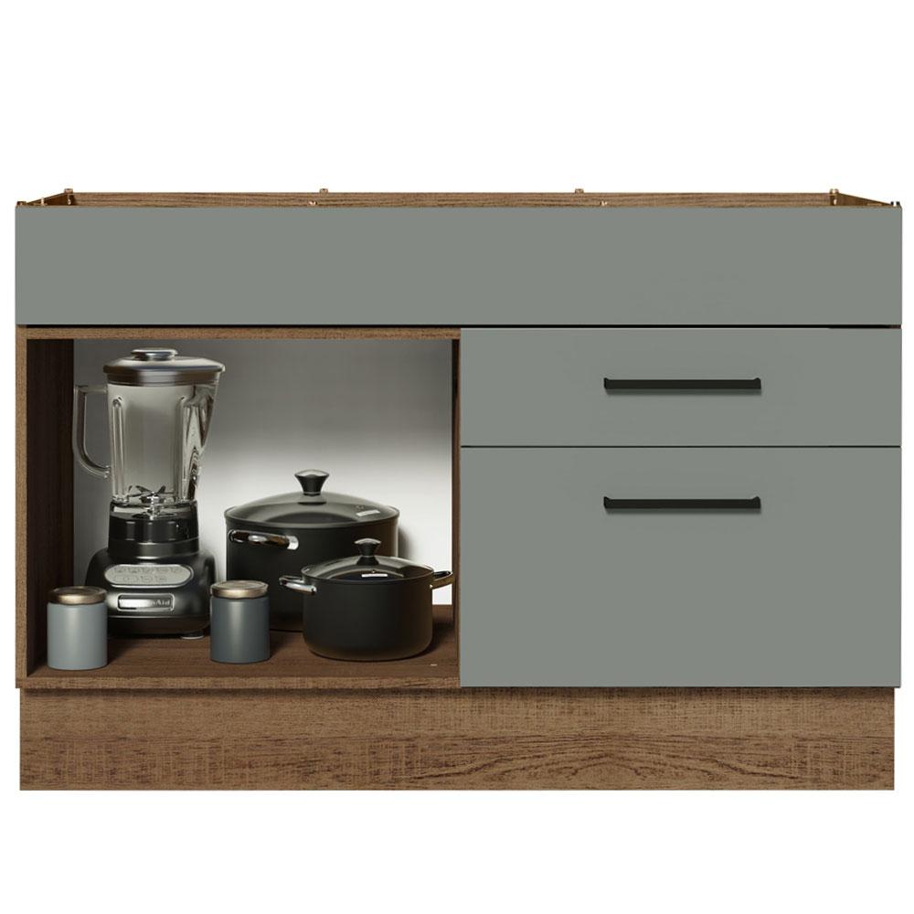Balcão Gabinete de Pia Cozinha 120 x 60 cm 1 Porta 2 Gavetas Rustic/Cinza (Sem Tampo) Agata Madesa