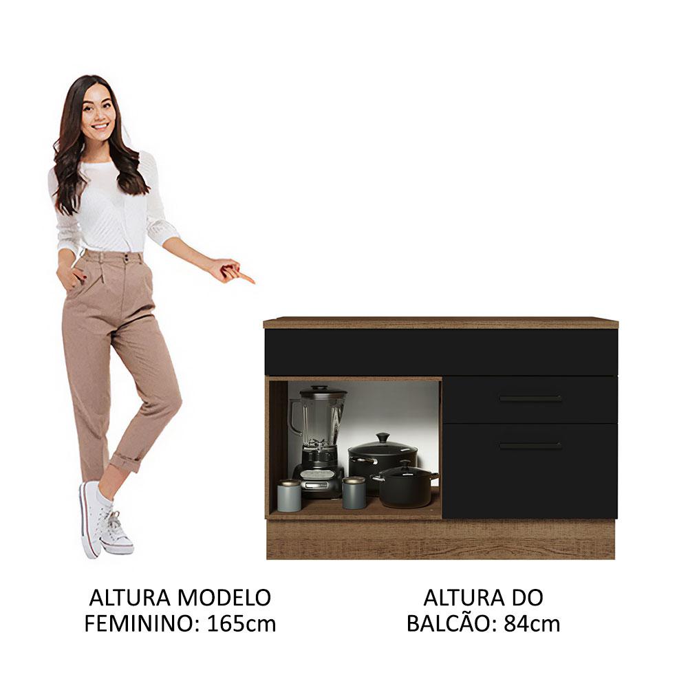Balcão Gabinete de Pia Cozinha 120 x 60 cm 1 Porta 2 Gavetas Rustic/Preto (Com Tampo) Agata Madesa