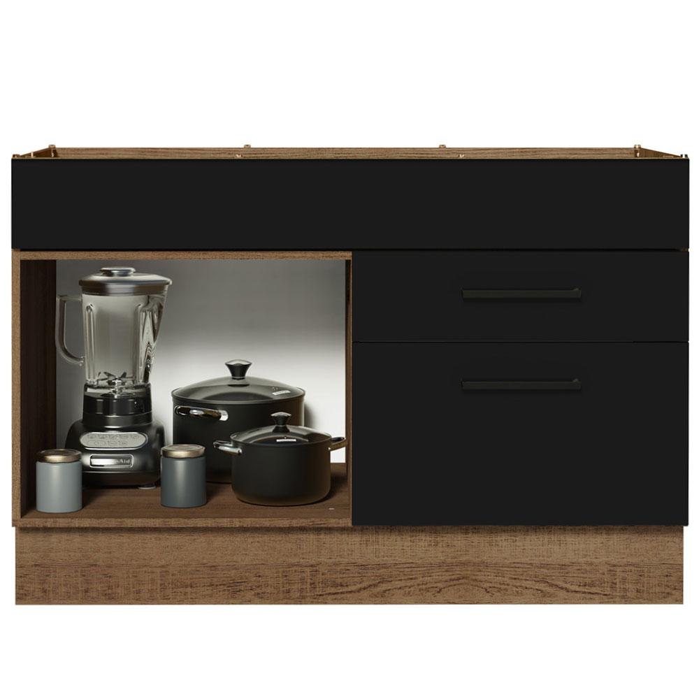 Balcão Gabinete de Pia Cozinha 120 x 60 cm 1 Porta 2 Gavetas Rustic/Preto (Sem Tampo) Agata Madesa