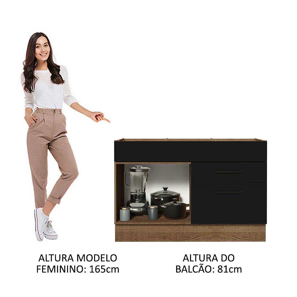Balcão Gabinete de Pia Cozinha 120 x 60 cm 1 Porta 2 Gavetas Rustic/Preto (Sem Tampo) Agata Madesa