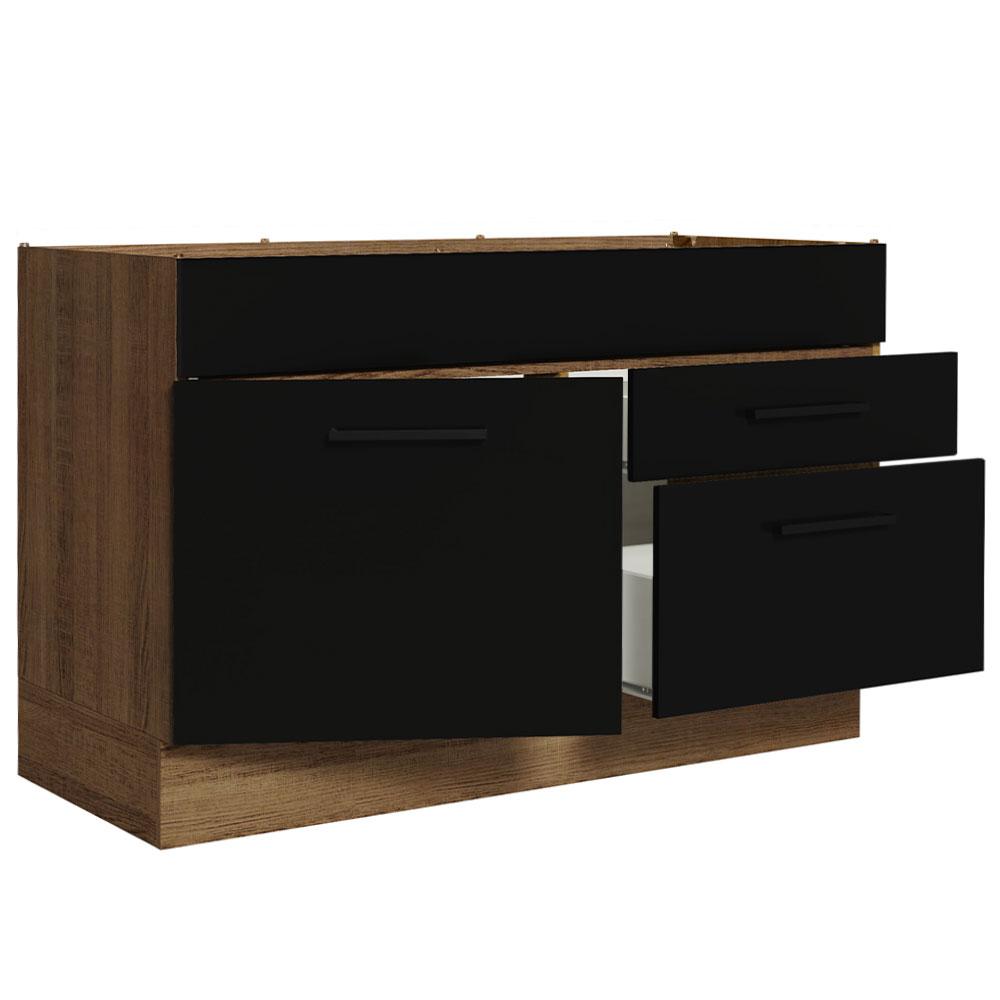 Balcão Gabinete de Pia Cozinha 120 x 60 cm 1 Porta 2 Gavetas Rustic/Preto (Sem Tampo) Agata Madesa