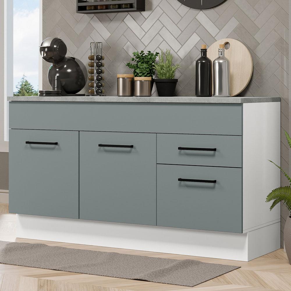Balcão Gabinete de Pia Cozinha 150 cm 2 Gavetas 2 Portas (Com Tampo) Branco/Cinza Agata Madesa