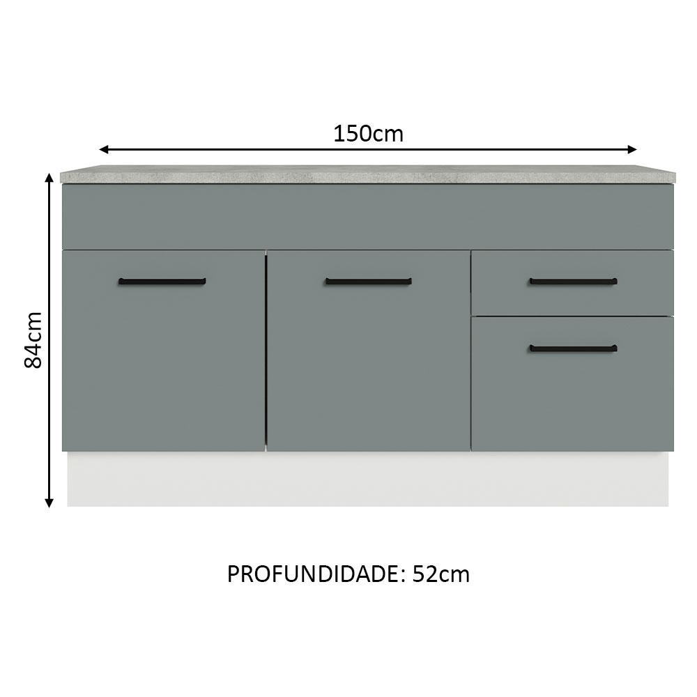 Balcão Gabinete de Pia Cozinha 150 cm 2 Gavetas 2 Portas (Com Tampo) Branco/Cinza Agata Madesa