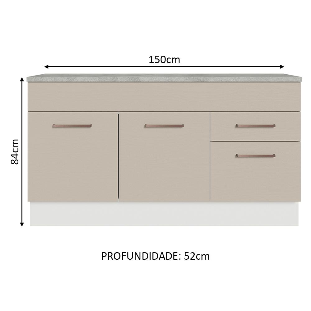 Balcão Gabinete de Pia Cozinha 150 cm 2 Gavetas 2 Portas (Com Tampo) Branco/Crema Agata Madesa