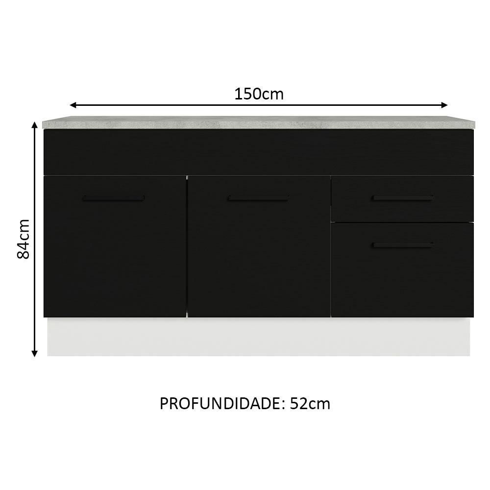 Balcão Gabinete de Pia Cozinha 150 cm 2 Gavetas 2 Portas (Com Tampo) Branco/Preto Agata Madesa