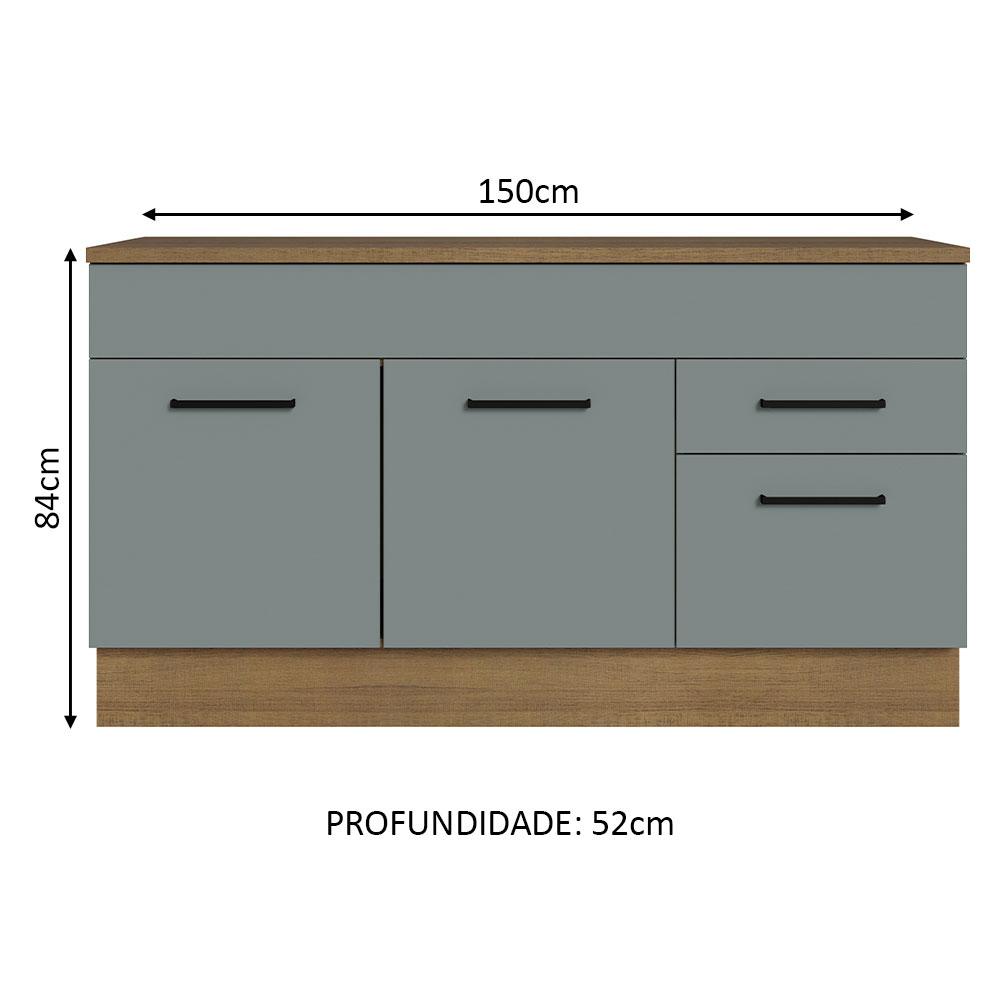 Balcão Gabinete de Pia Cozinha 150 cm 2 Gavetas 2 Portas (Com Tampo) Rustic/Cinza Agata Madesa