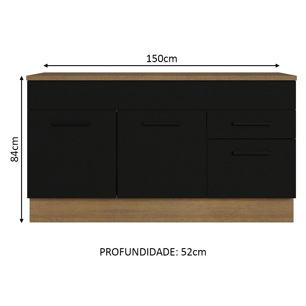 Balcão Gabinete de Pia Cozinha 150 cm 2 Gavetas 2 Portas (Com Tampo) Rustic/Preto Agata Madesa