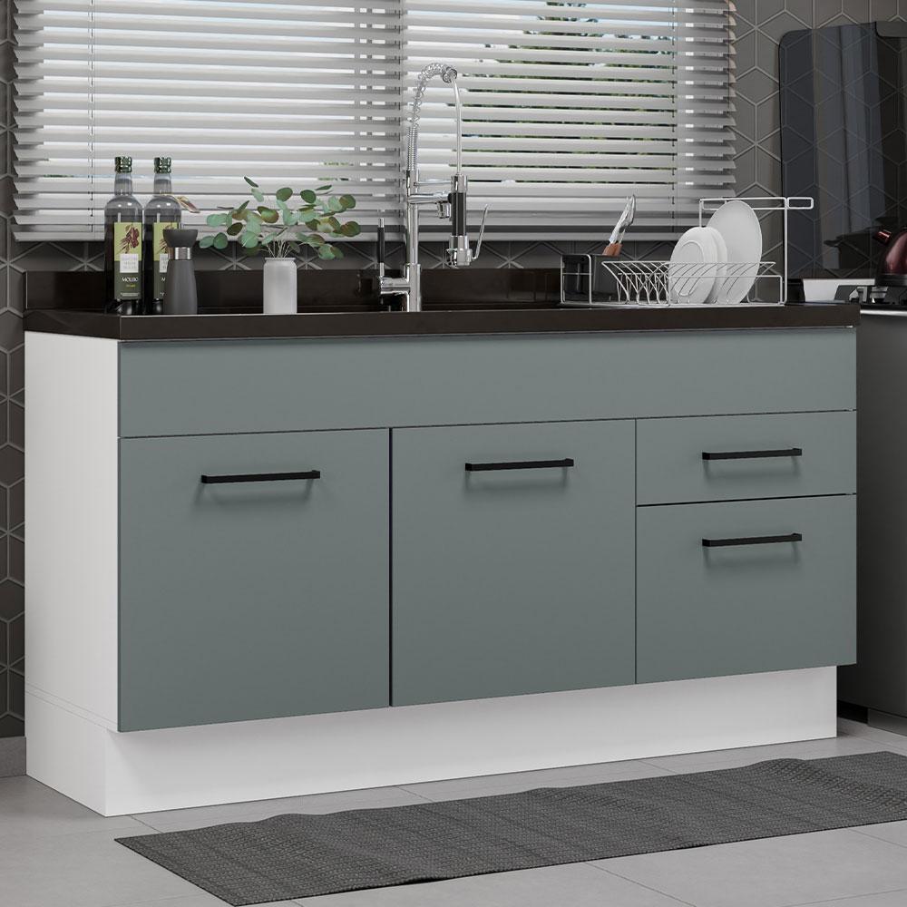 Balcão Gabinete de Pia Cozinha 150 cm 2 Portas e 2 Gavetas (Sem Tampo e Pia) Branco/Cinza Agata Madesa