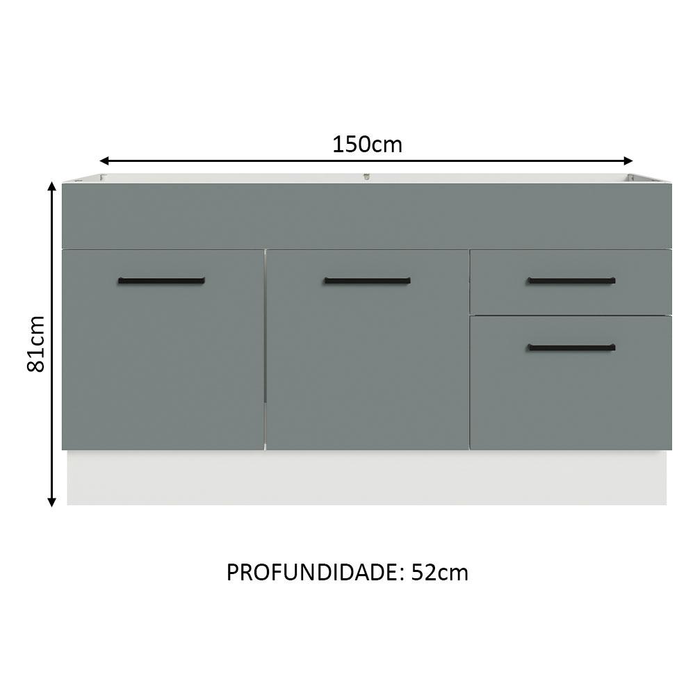Balcão Gabinete de Pia Cozinha 150 cm 2 Portas e 2 Gavetas (Sem Tampo e Pia) Branco/Cinza Agata Madesa