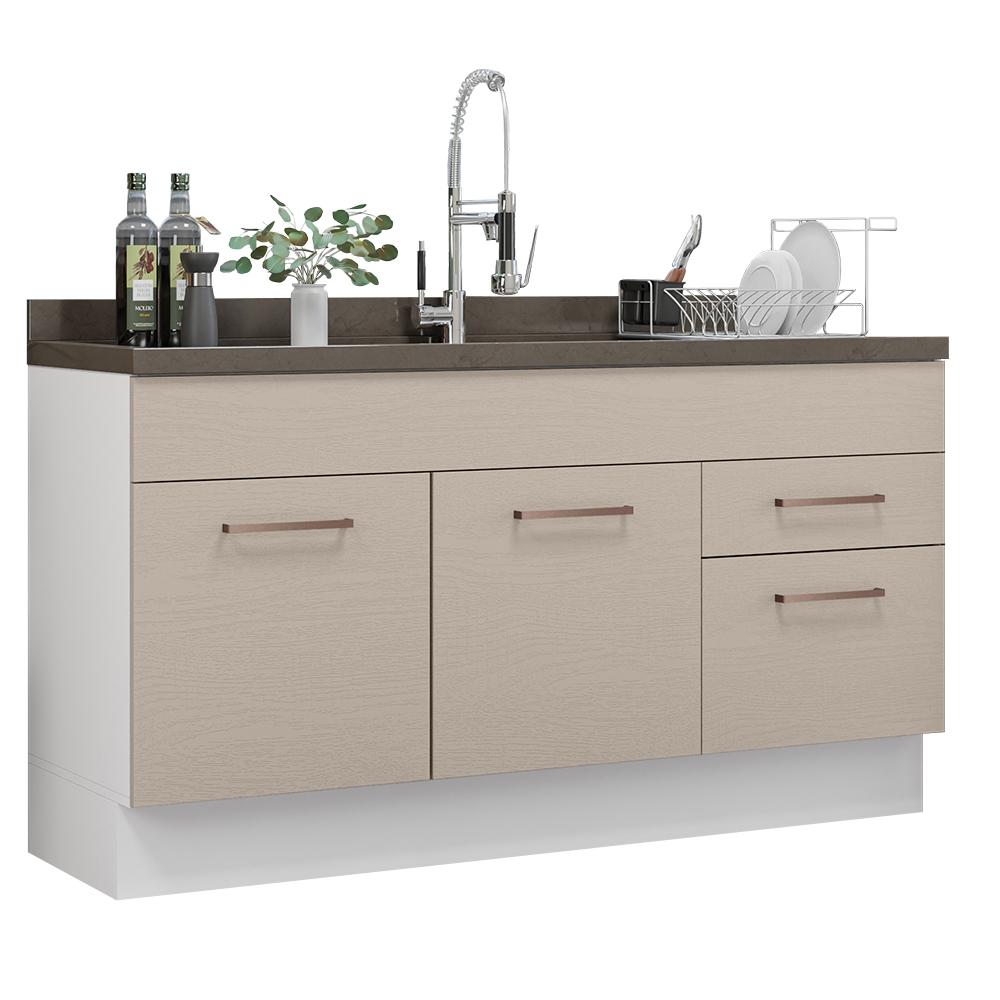Balcão Gabinete de Pia Cozinha 150 cm 2 Portas e 2 Gavetas (Sem Tampo e Pia) Branco/Crema Agata Madesa