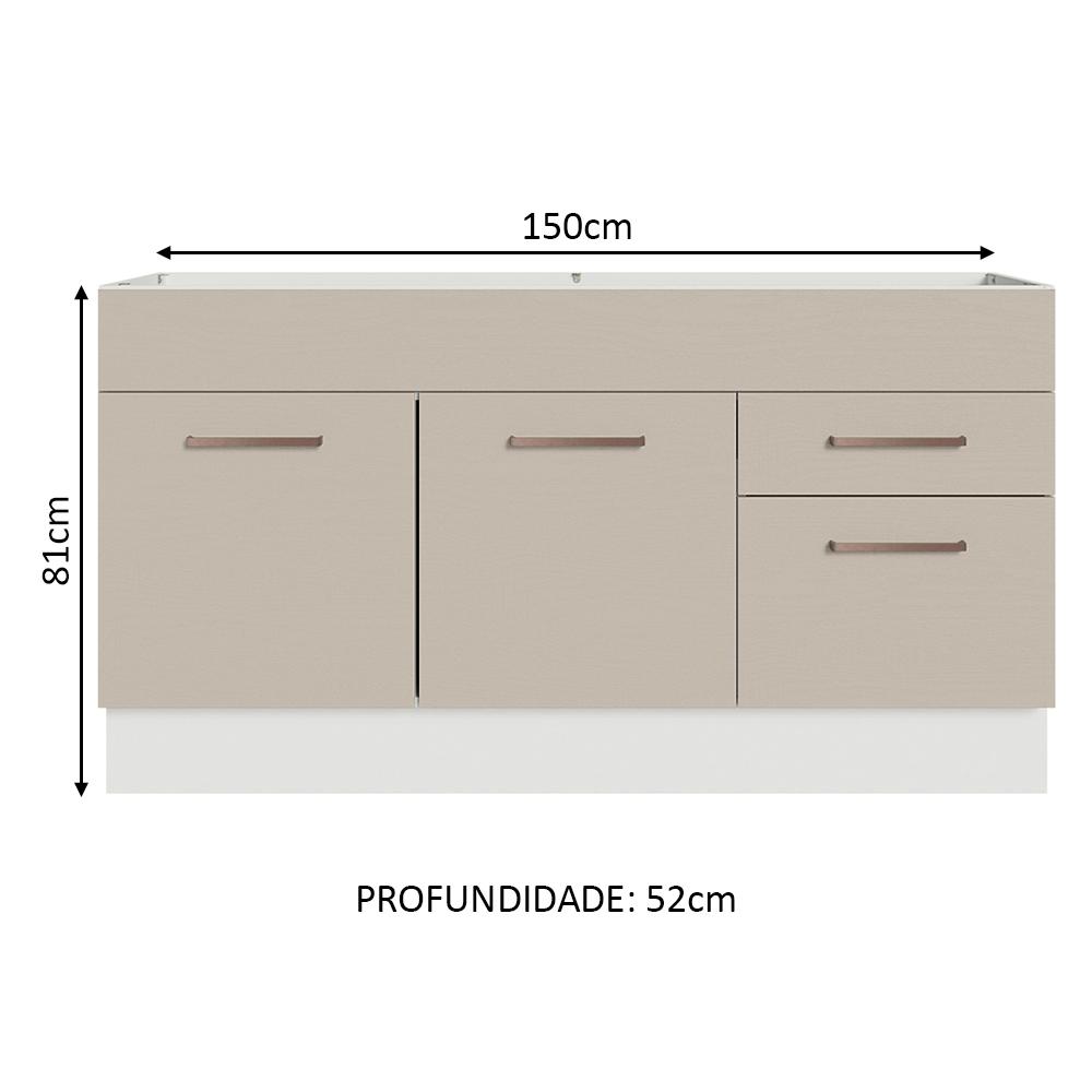 Balcão Gabinete de Pia Cozinha 150 cm 2 Portas e 2 Gavetas (Sem Tampo e Pia) Branco/Crema Agata Madesa