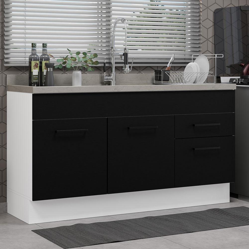 Balcão Gabinete de Pia Cozinha 150 cm 2 Portas e 2 Gavetas (Sem Tampo e Pia) Branco/Preto Agata Madesa