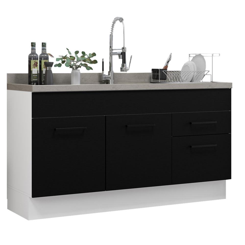 Balcão Gabinete de Pia Cozinha 150 cm 2 Portas e 2 Gavetas (Sem Tampo e Pia) Branco/Preto Agata Madesa