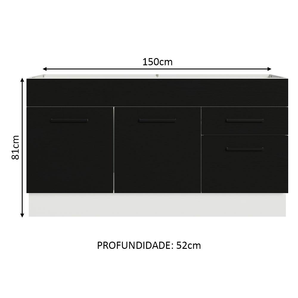 Balcão Gabinete de Pia Cozinha 150 cm 2 Portas e 2 Gavetas (Sem Tampo e Pia) Branco/Preto Agata Madesa