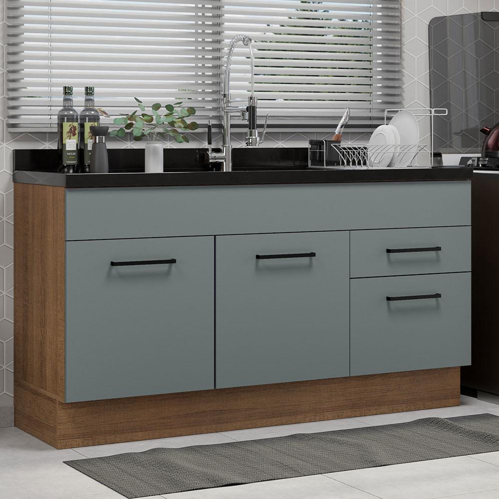 Balcão Gabinete de Pia Cozinha 150 cm 2 Portas e 2 Gavetas (Sem Tampo e Pia) Rustic/Cinza Agata Madesa