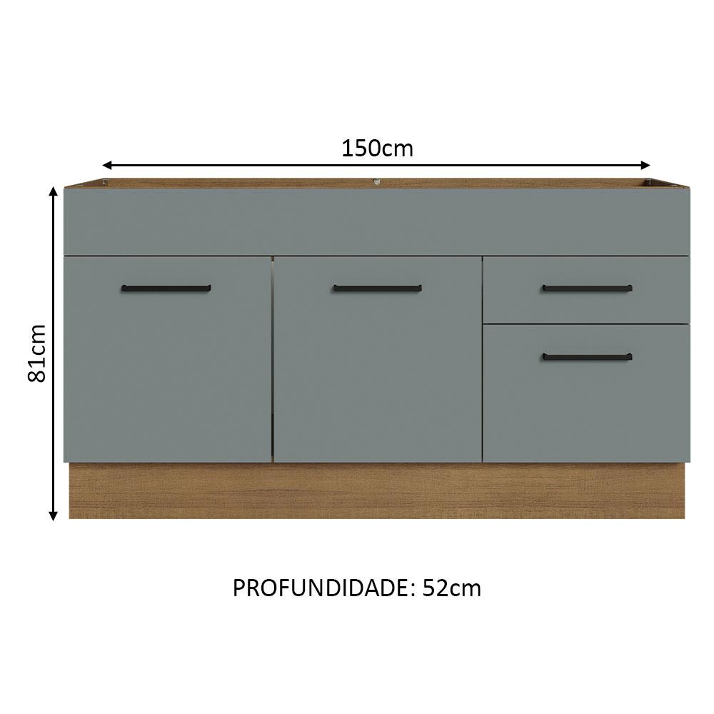 Balcão Gabinete de Pia Cozinha 150 cm 2 Portas e 2 Gavetas (Sem Tampo e Pia) Rustic/Cinza Agata Madesa