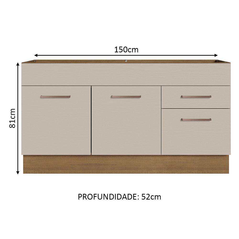 Balcão Gabinete de Pia Cozinha 150 cm 2 Portas e 2 Gavetas (Sem Tampo e Pia) Rustic/Crema Agata Madesa