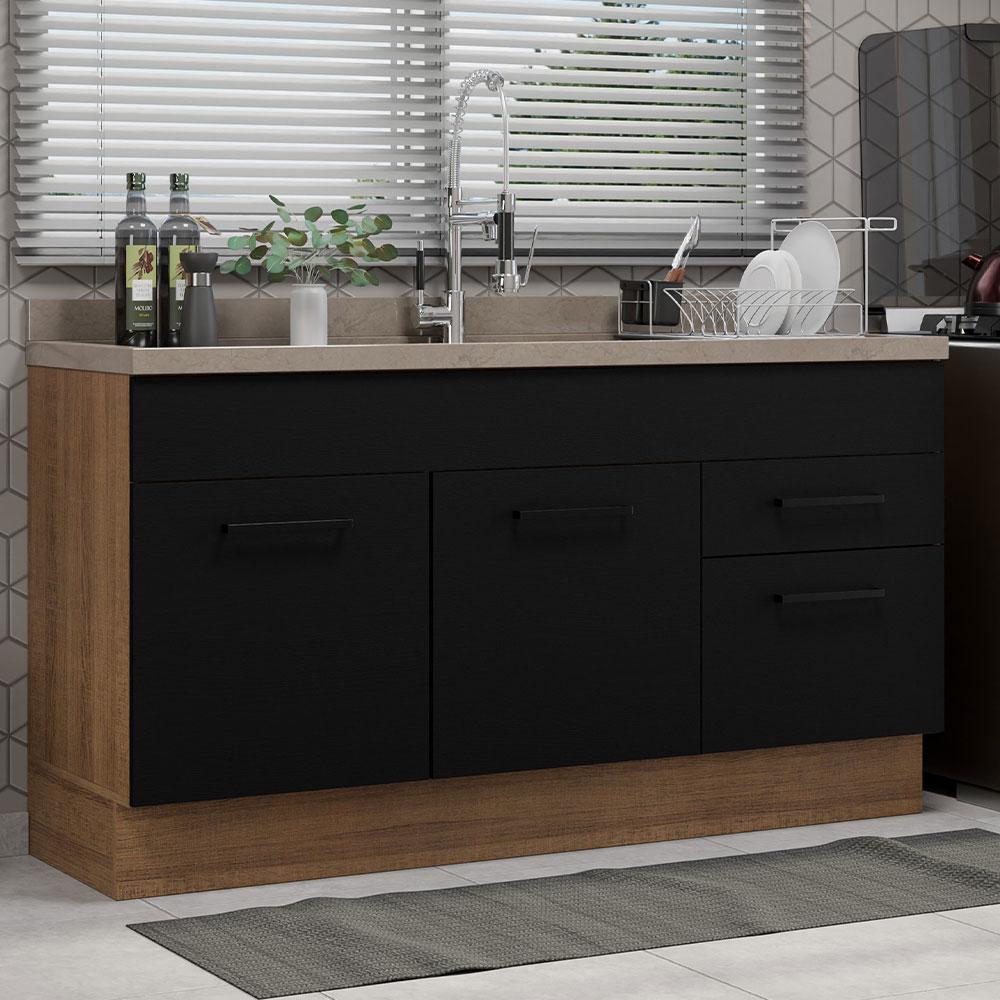 Balcão Gabinete de Pia Cozinha 150 cm 2 Portas e 2 Gavetas (Sem Tampo e Pia) Rustic/Preto Agata Madesa