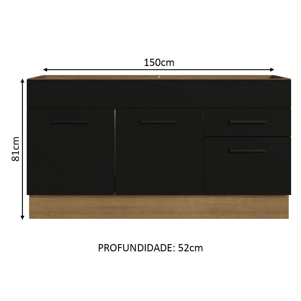 Balcão Gabinete de Pia Cozinha 150 cm 2 Portas e 2 Gavetas (Sem Tampo e Pia) Rustic/Preto Agata Madesa