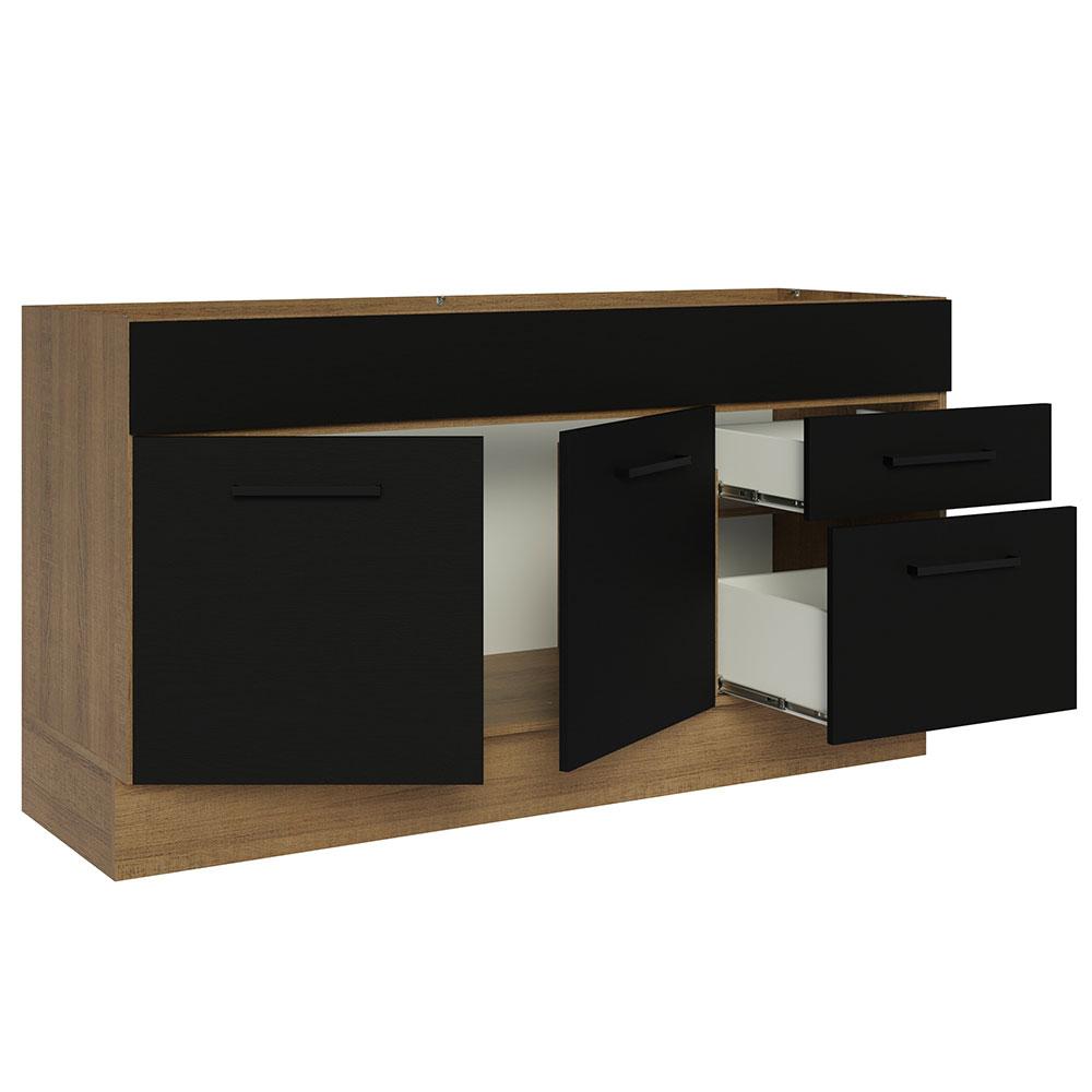 Balcão Gabinete de Pia Cozinha 150 cm 2 Portas e 2 Gavetas (Sem Tampo e Pia) Rustic/Preto Agata Madesa