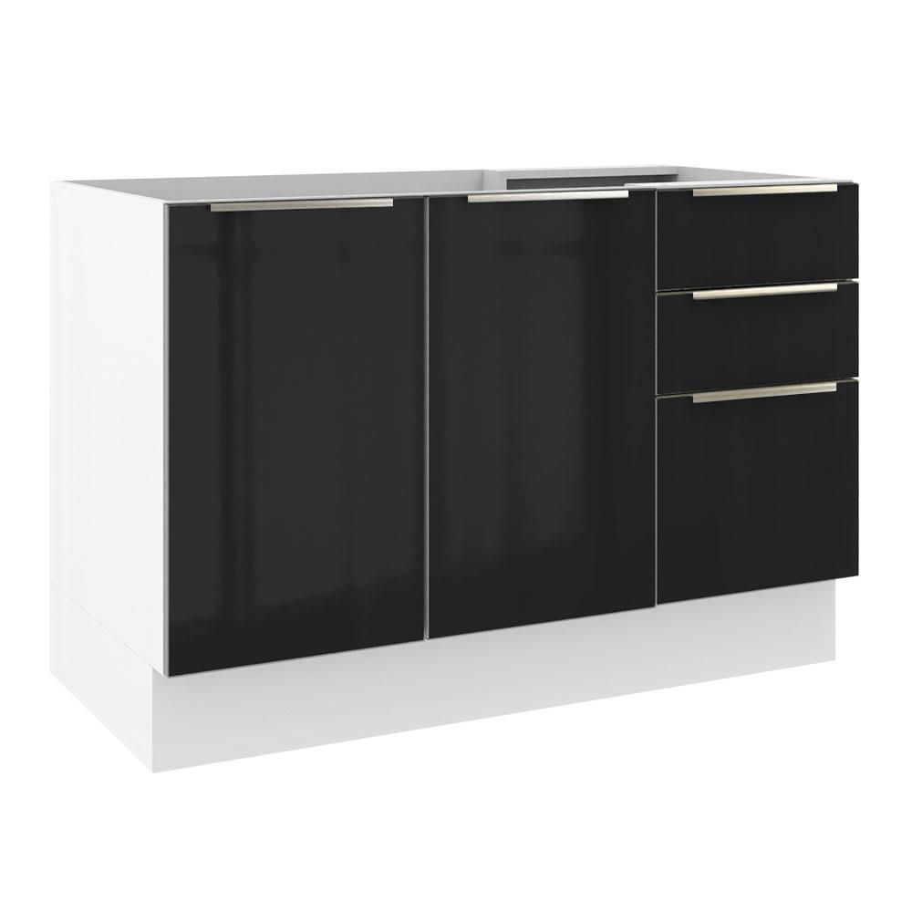 Balcão Gabinete de Pia Madesa Lux 120 cm 2 Portas 3 Gavetas - Branco/Preto