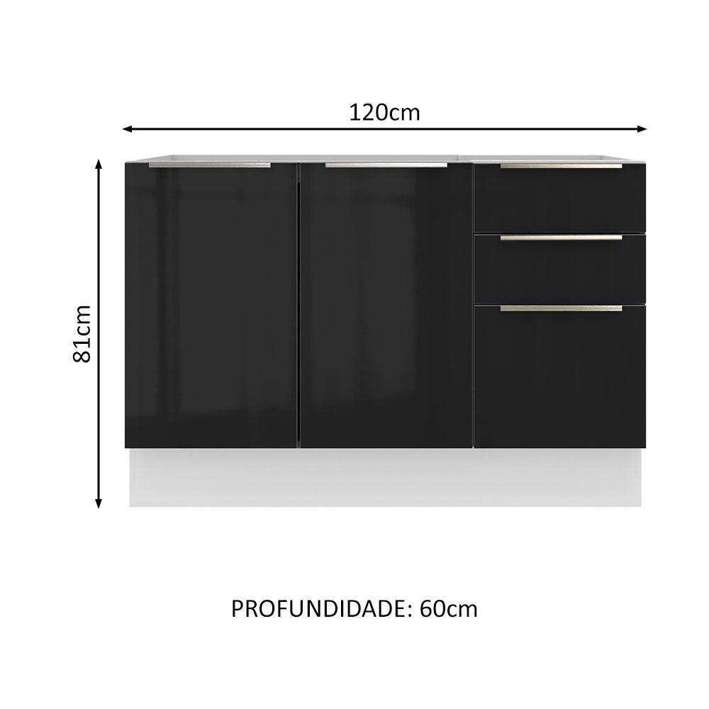 Balcão Gabinete de Pia Madesa Lux 120 cm 2 Portas 3 Gavetas - Branco/Preto