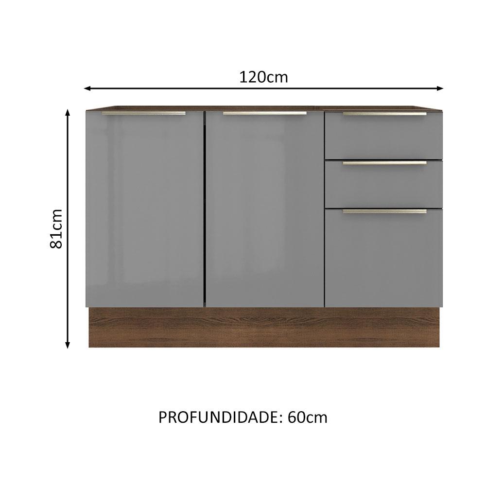Balcão Gabinete de Pia Madesa Lux 120 cm 2 Portas 3 Gavetas - Rustic/Cinza