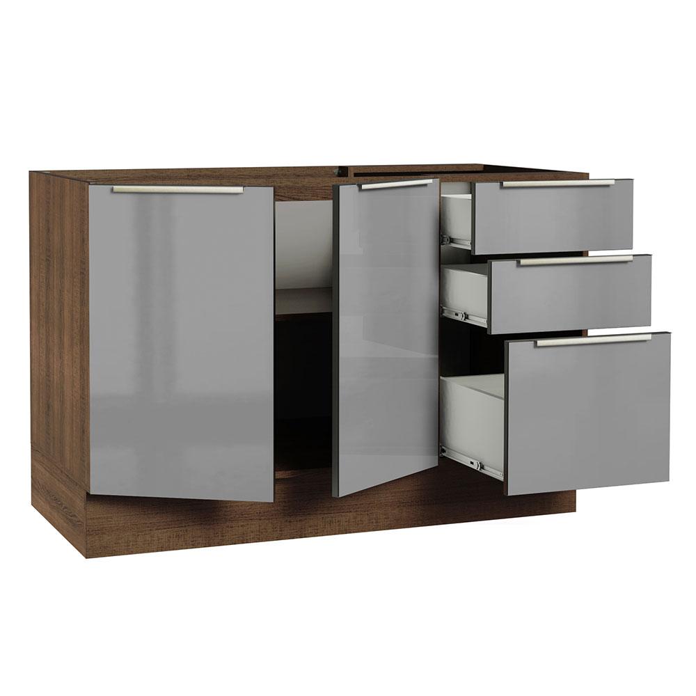 Balcão Gabinete de Pia Madesa Lux 120 cm 2 Portas 3 Gavetas - Rustic/Cinza