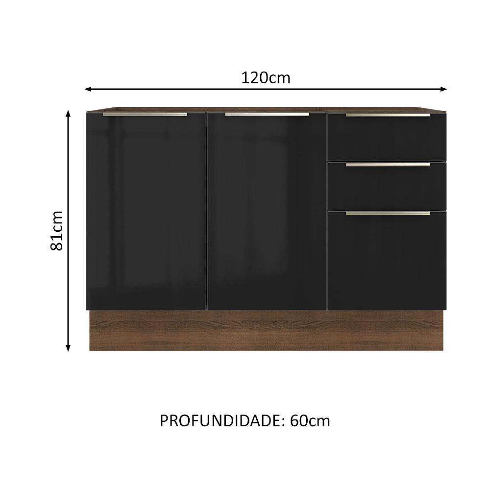 Balcão Gabinete de Pia Madesa Lux 120 cm 2 Portas 3 Gavetas - Rustic/Preto
