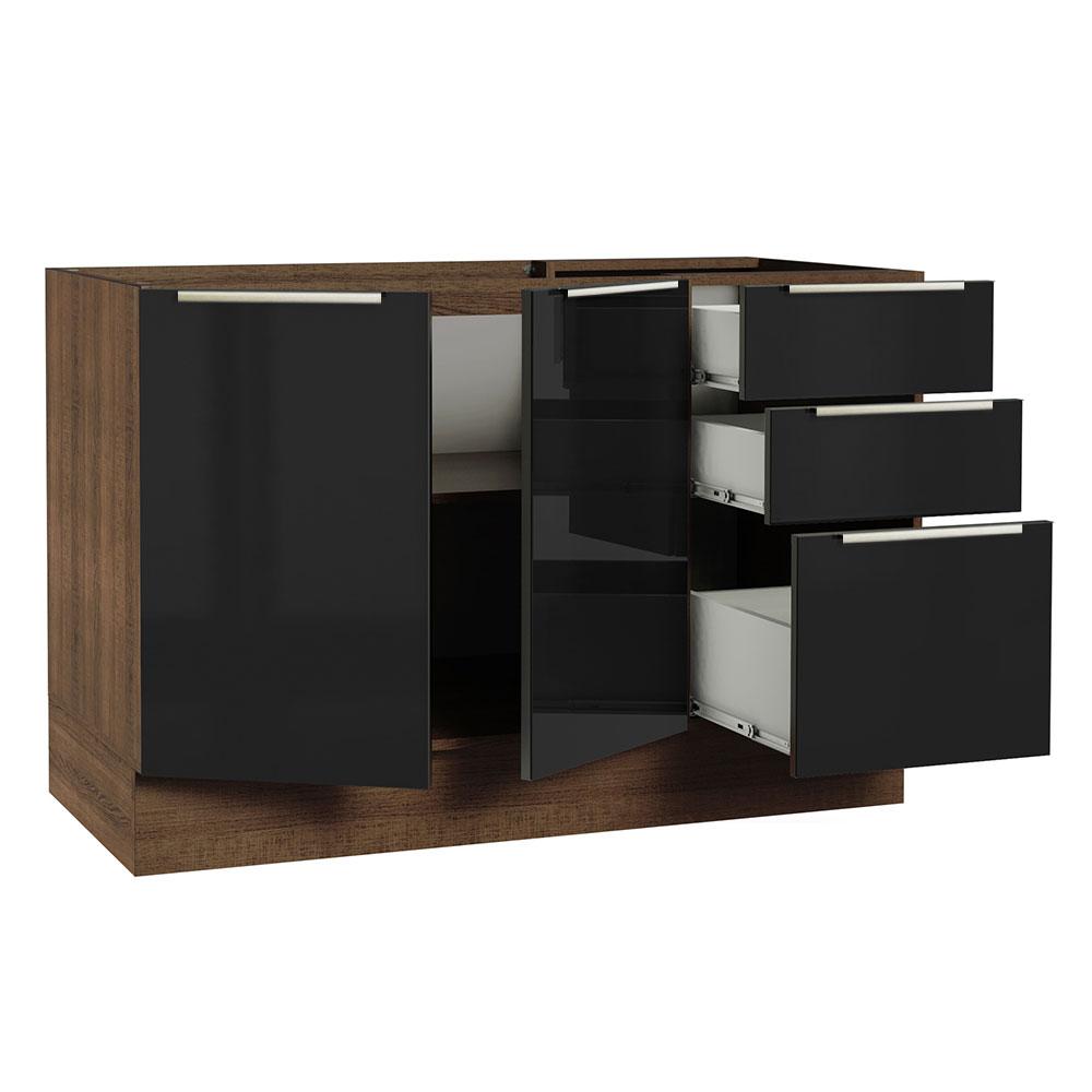 Balcão Gabinete de Pia Madesa Lux 120 cm 2 Portas 3 Gavetas - Rustic/Preto