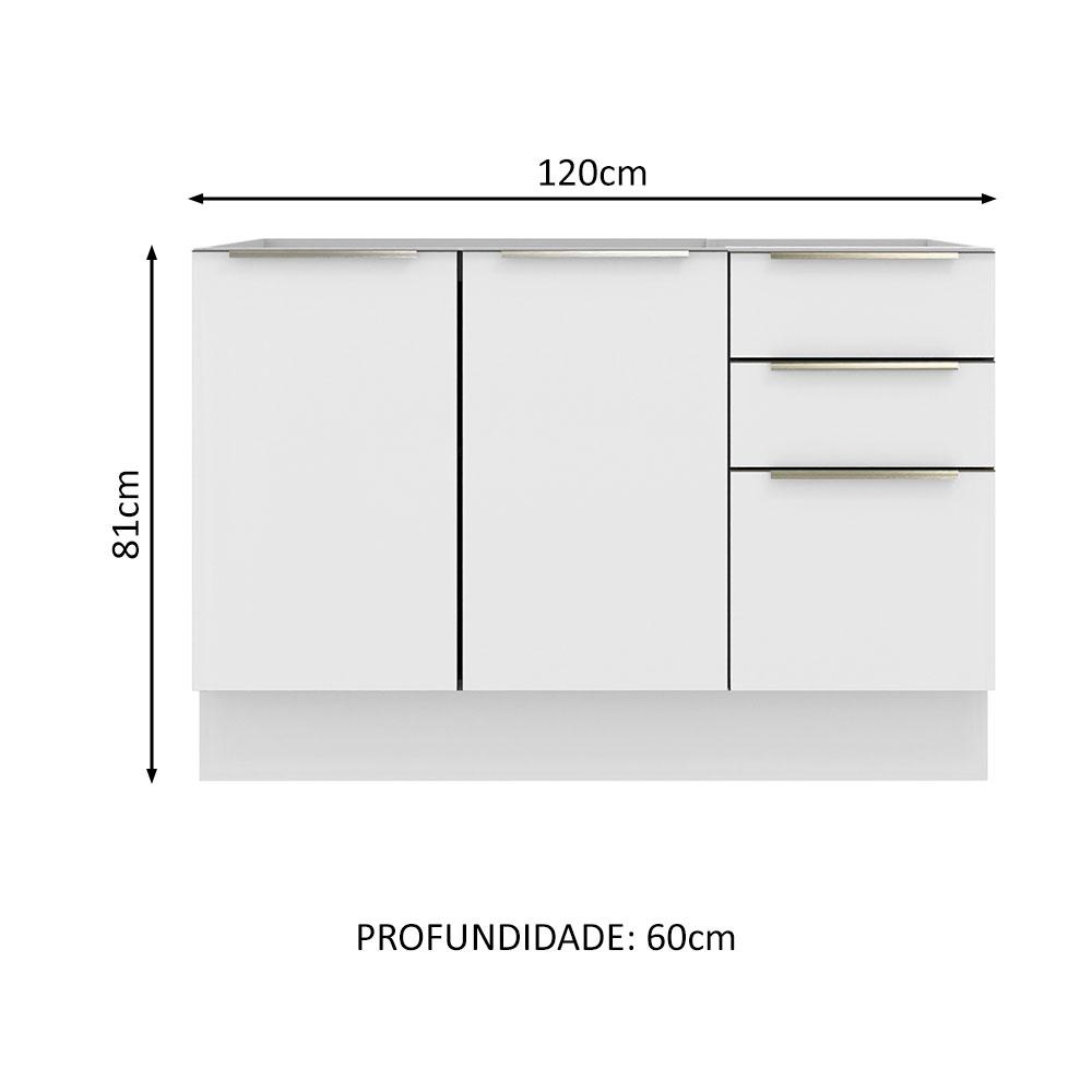 Balcão Gabinete de Pia Madesa Lux 120 cm 2 Portas 3 Gavetas (Sem Tampo) - Branco/Branco Veludo