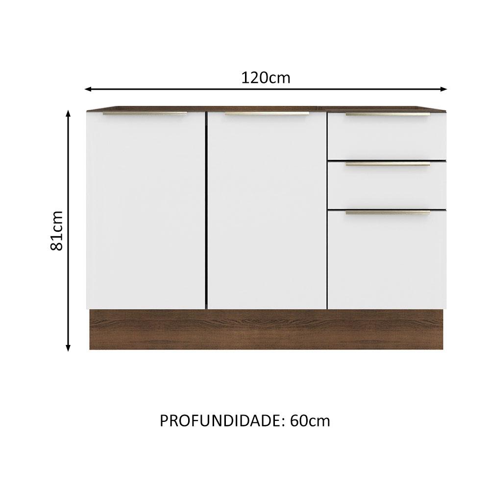Balcão Gabinete de Pia Madesa Lux 120 cm 2 Portas 3 Gavetas (Sem Tampo) - Rustic/Branco Veludo